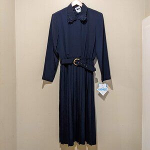 Leslie Fay Vintage Women's Blue Lace Collared Midi Pleated Dress Belted Size 8